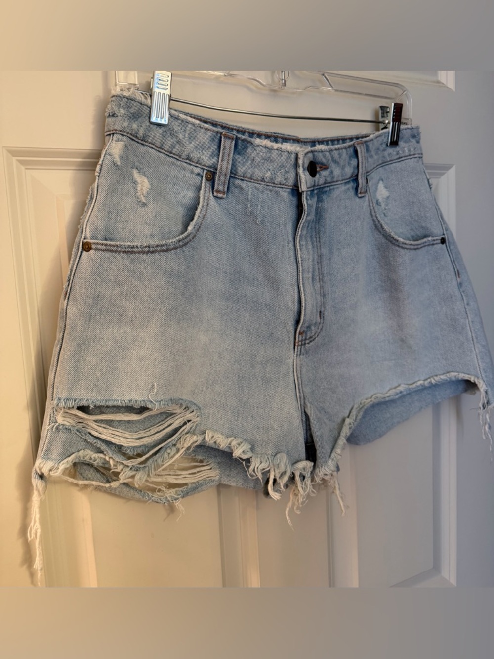 Rolla’s High Rise Cut Off Denim Shorts in Distressed Super Light Wash, 10/30 - Picture 2 of 12
